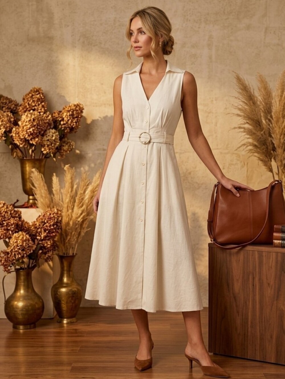 Cream Sleeveless Cotton-Linen Belted Midi Dress